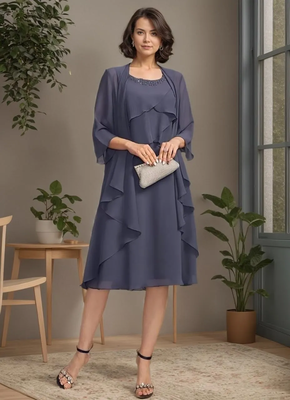 2 Pieces Mother of The Bride Dresses Tea Length Wedding Guests Dress Layered Chiffon Formal Evening Gown for Women