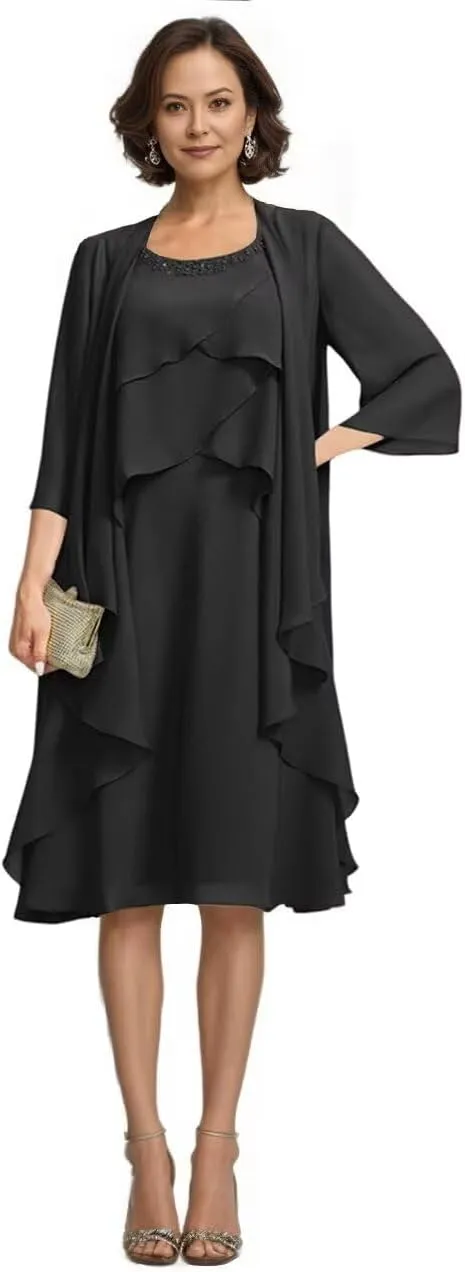 2 Pieces Mother of The Bride Dresses Tea Length Wedding Guests Dress Layered Chiffon Formal Evening Gown for Women