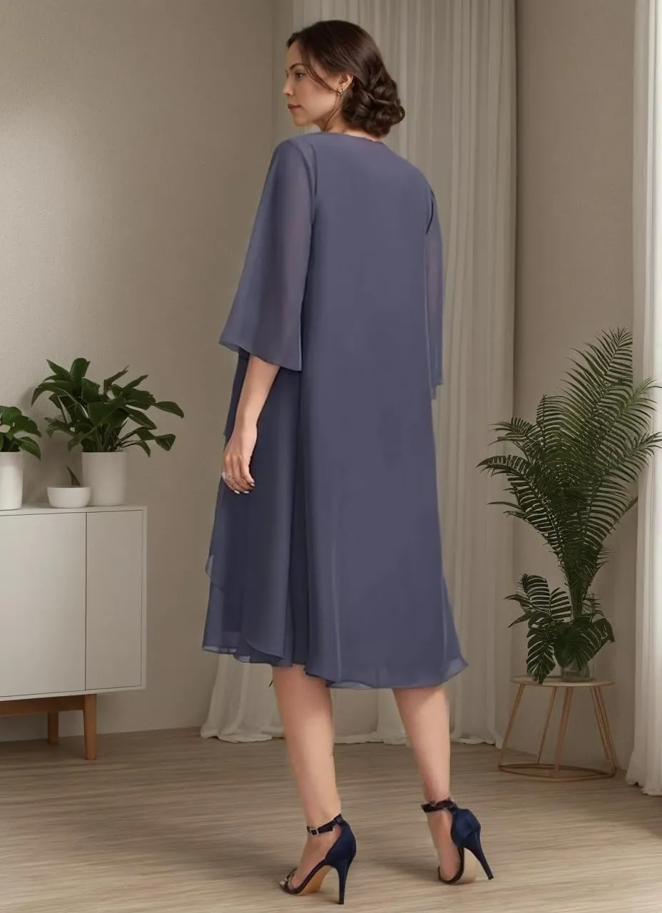 2 Pieces Mother of The Bride Dresses Tea Length Wedding Guests Dress Layered Chiffon Formal Evening Gown for Women