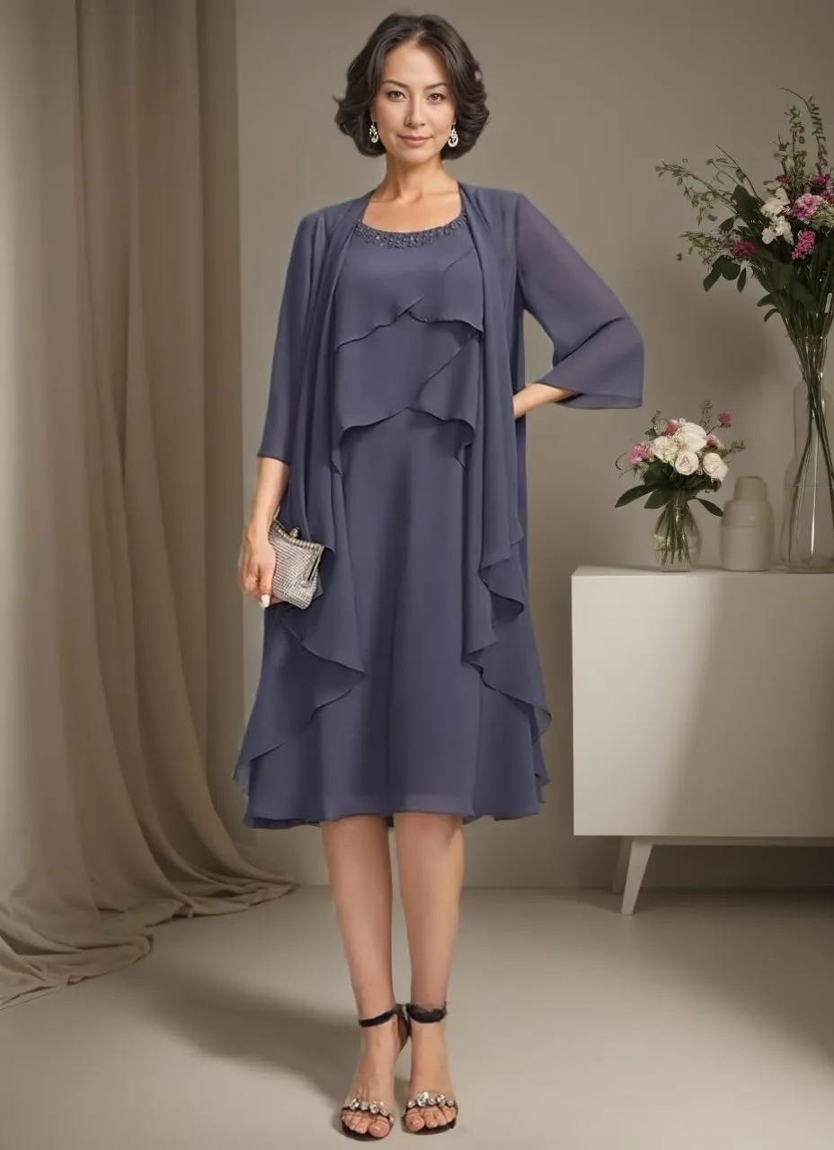 2 Pieces Mother of The Bride Dresses Tea Length Wedding Guests Dress Layered Chiffon Formal Evening Gown for Women