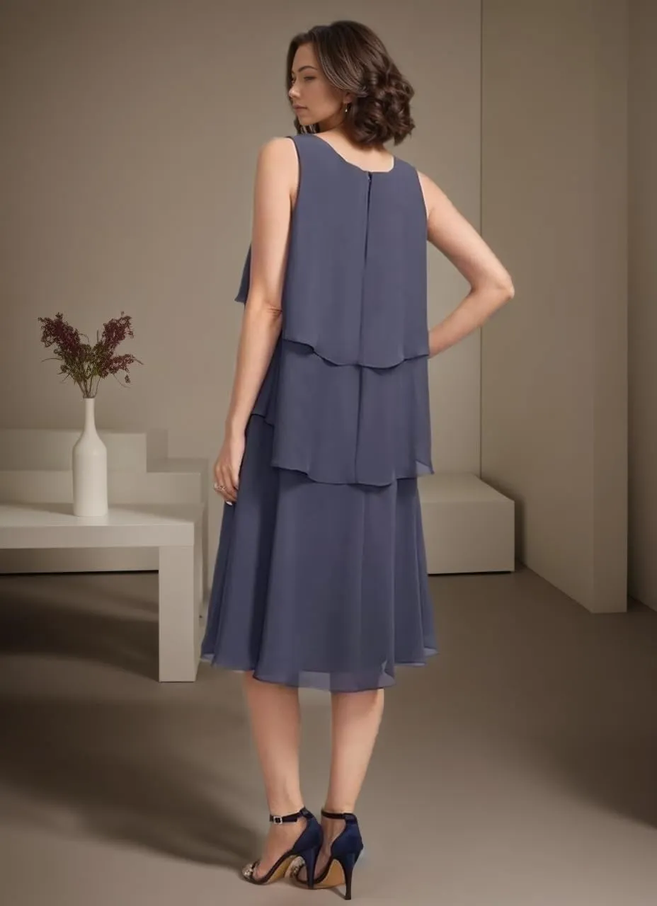2 Pieces Mother of The Bride Dresses Tea Length Wedding Guests Dress Layered Chiffon Formal Evening Gown for Women