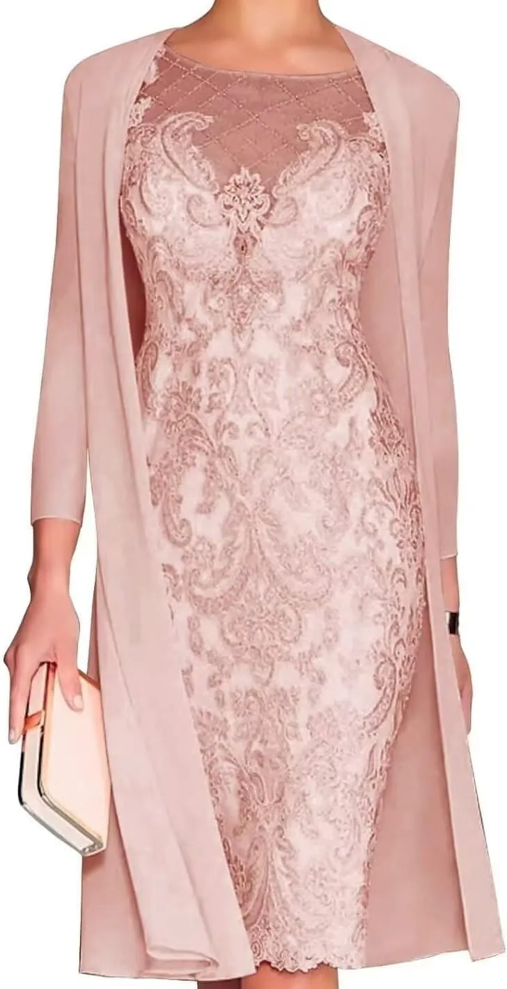 2 Pieces Mother of The Bride Dresses with Jacket for Wedding Long Sleeve Lace Formal Evening Gowns PG012