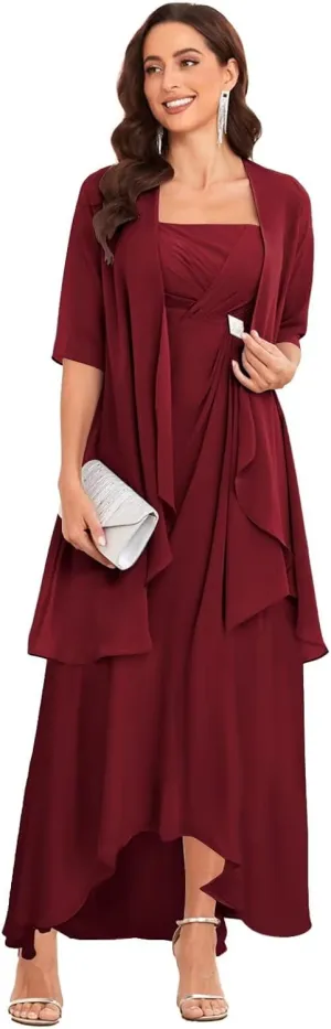 2 Pieces Tea Length Mother of The Bride Dresses for Wedding Half Sleeve Chiffon Formal Evening Dress