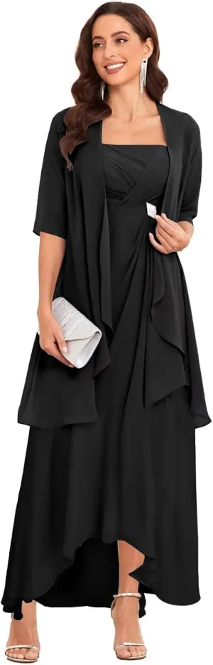 2 Pieces Tea Length Mother of The Bride Dresses for Wedding Half Sleeve Chiffon Formal Evening Dress