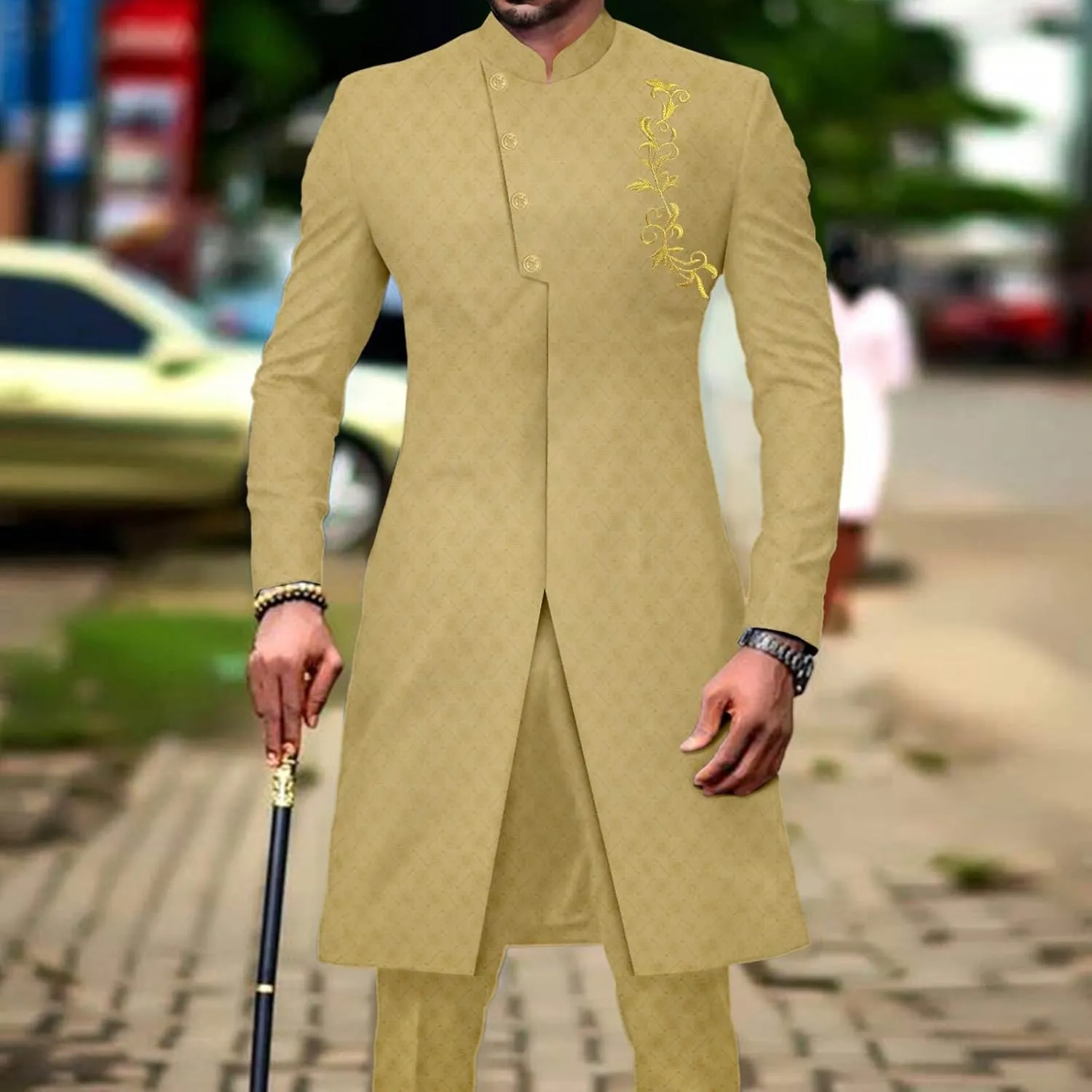 African Suit for Men Slim Fit Embroidery Jacket Pants 2 Piece Set Bazin Riche Business Formal Outfits