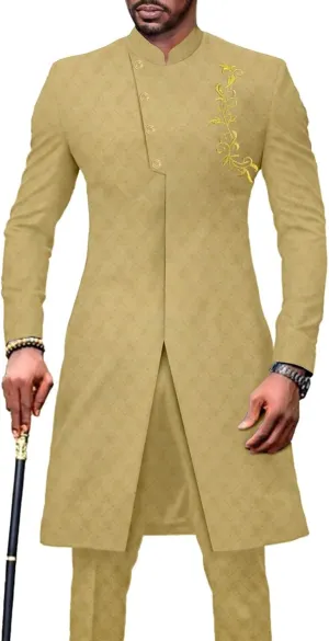 African Suit for Men Slim Fit Embroidery Jacket Pants 2 Piece Set Bazin Riche Business Formal Outfits