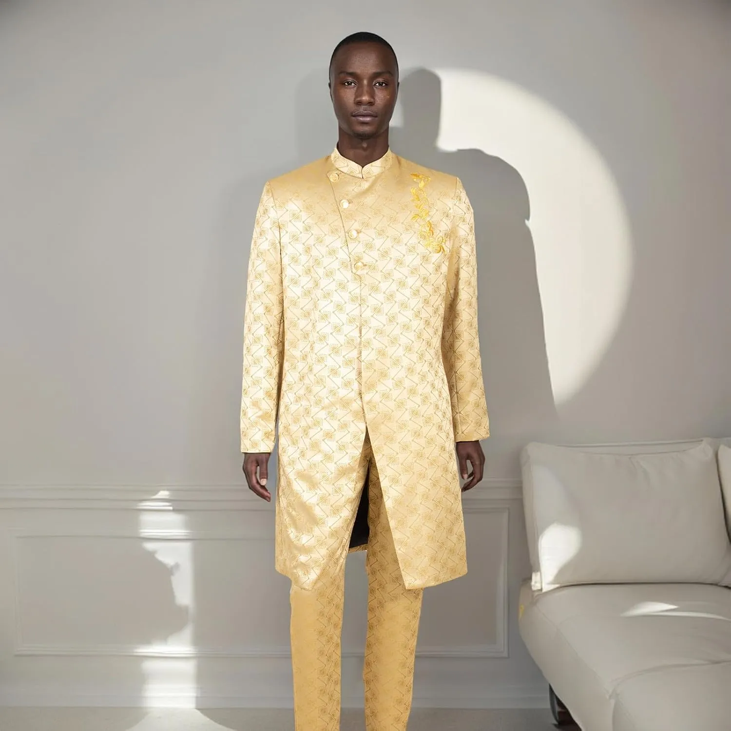 African Suit for Men Slim Fit Embroidery Jacket Pants 2 Piece Set Bazin Riche Business Formal Outfits