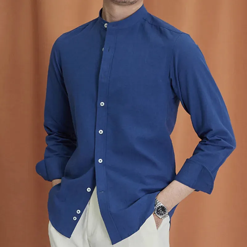 Aidase High Quality Cotton Linen Stand Collar Shirt Men Long Sleeve Blue Green White Breathable Shirt Business British Solid DressTop