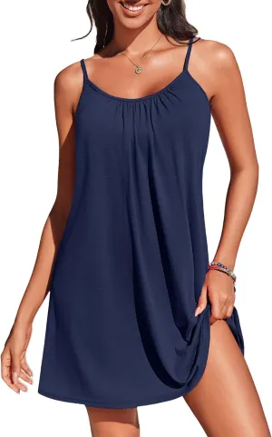 AI'MAGE Women's Bathing Suit Cover Up Spaghetti Straps Swim Dresses Beach Cover Ups Pleated Neck Swimsuit Coverups S-XXL