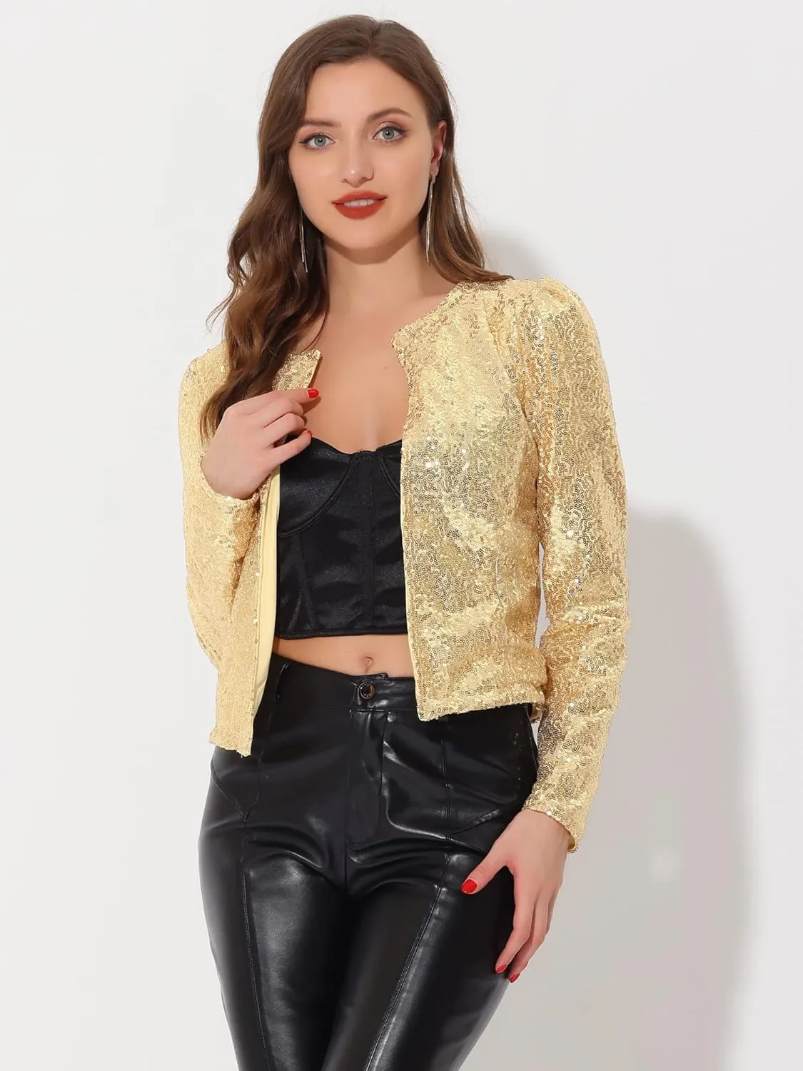 Allegra K Women's Crop Open Front Blazer Long Sleeve Christmas Sparkly Sequin Jacket