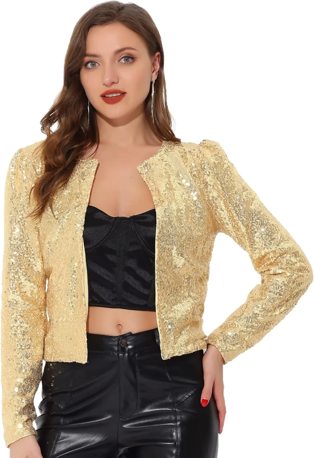 Allegra K Women's Crop Open Front Blazer Long Sleeve Christmas Sparkly Sequin Jacket