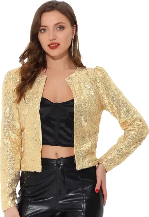 Allegra K Women's Crop Open Front Blazer Long Sleeve Christmas Sparkly Sequin Jacket