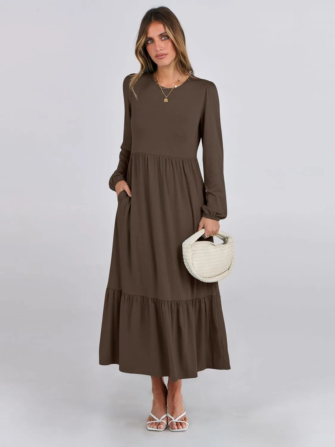 ANRABESS Women's Casual Long Sleeve Midi Dress 2025 Spring Crewneck A Line Tiered Flowy Loose Trendy Dresses with Pockets