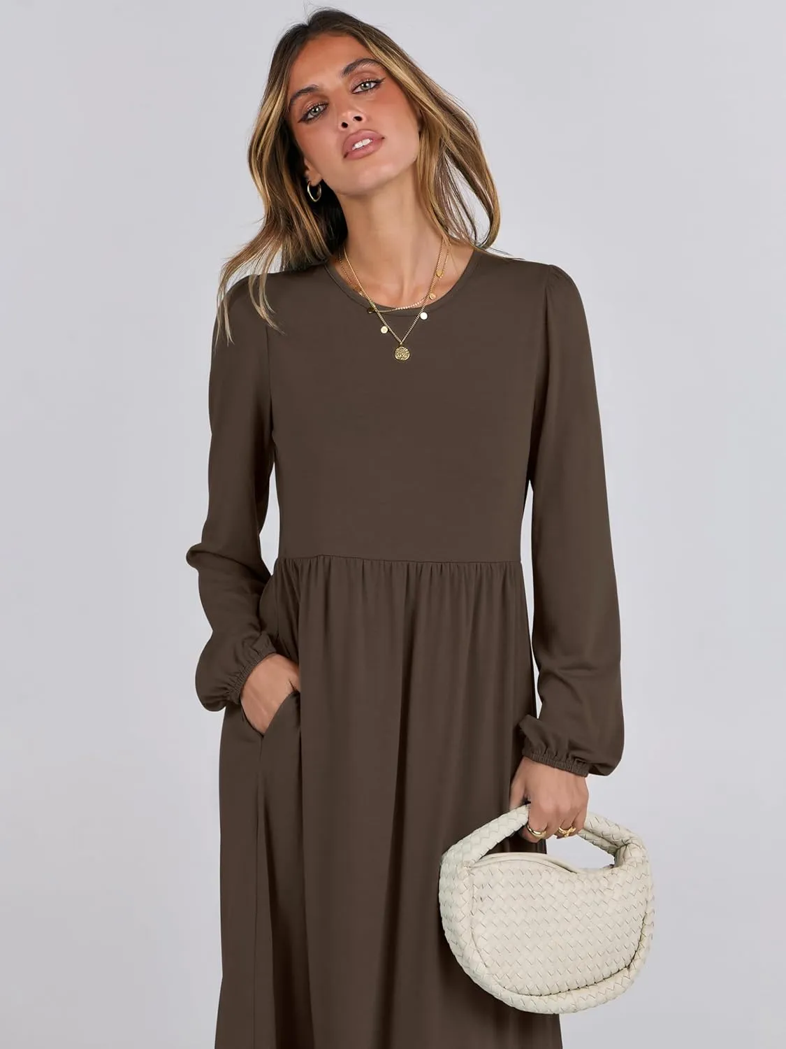 ANRABESS Women's Casual Long Sleeve Midi Dress 2025 Spring Crewneck A Line Tiered Flowy Loose Trendy Dresses with Pockets