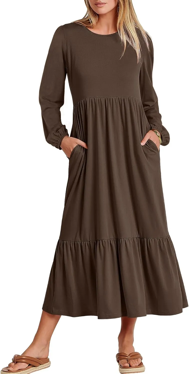 ANRABESS Women's Casual Long Sleeve Midi Dress 2025 Spring Crewneck A Line Tiered Flowy Loose Trendy Dresses with Pockets
