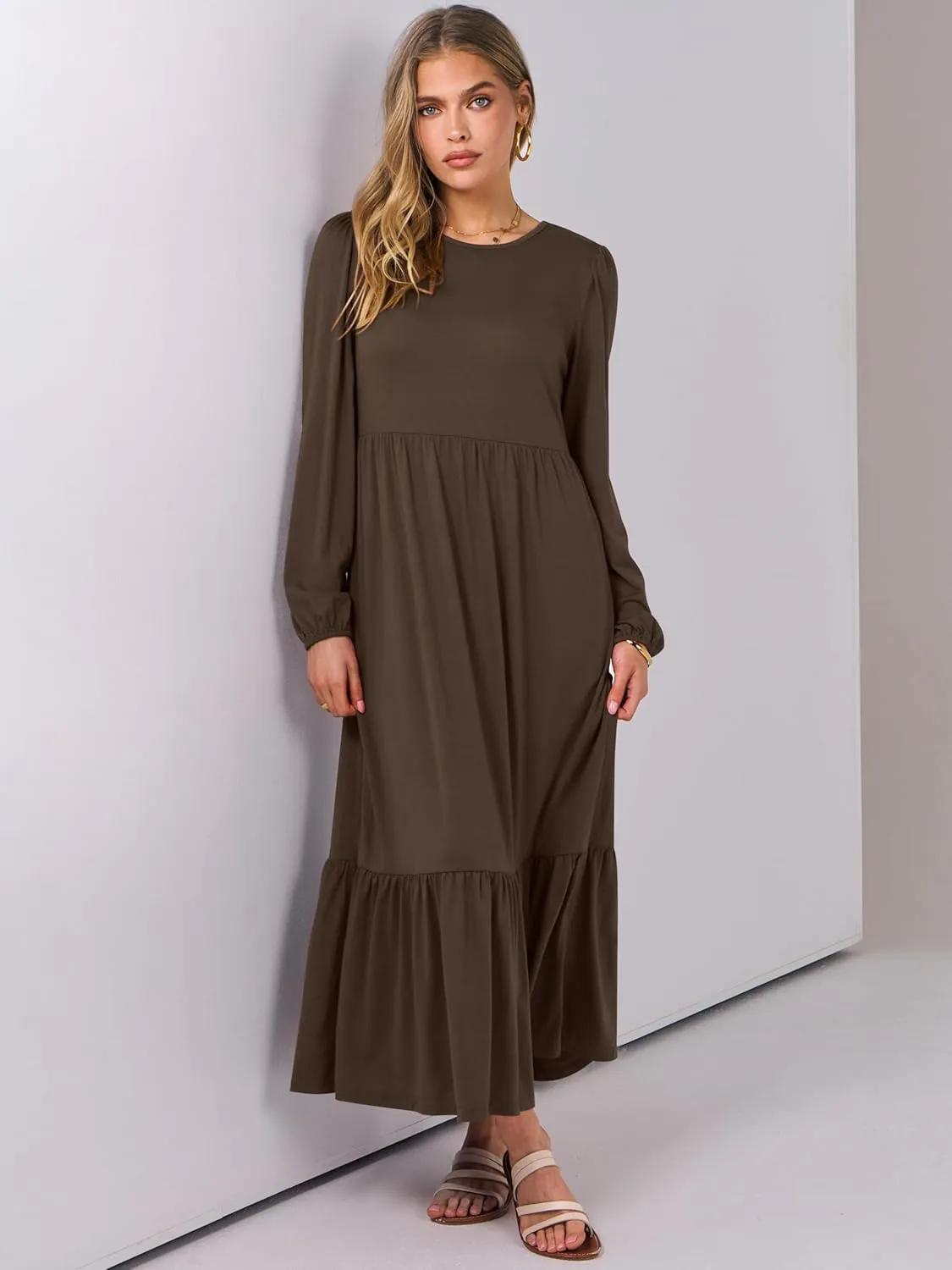 ANRABESS Women's Casual Long Sleeve Midi Dress 2025 Spring Crewneck A Line Tiered Flowy Loose Trendy Dresses with Pockets