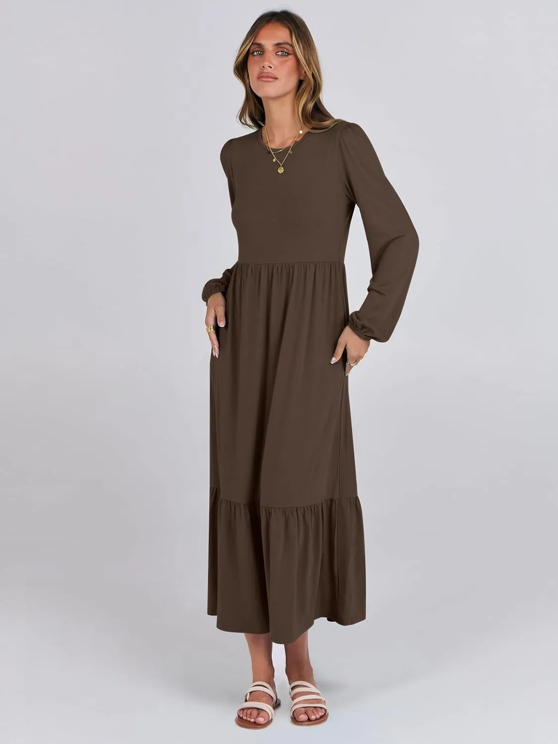 ANRABESS Women's Casual Long Sleeve Midi Dress 2025 Spring Crewneck A Line Tiered Flowy Loose Trendy Dresses with Pockets