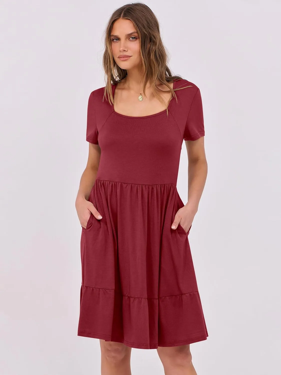 ANRABESS Womens Summer Casual Dresses Short Sleeve Square Neck Babydoll Dress 2025 Vacation A-Line Beach Cute Short Sundress