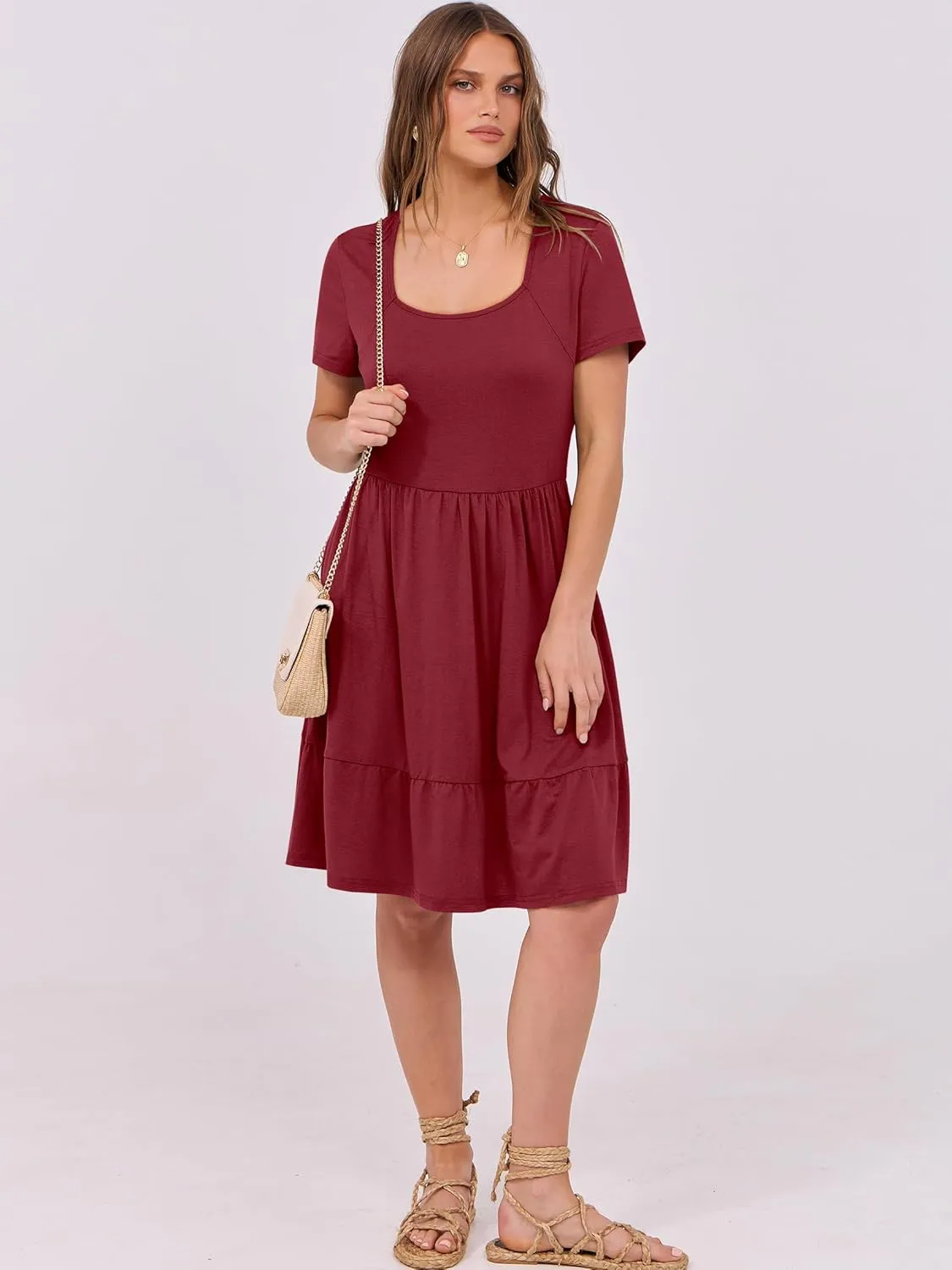 ANRABESS Womens Summer Casual Dresses Short Sleeve Square Neck Babydoll Dress 2025 Vacation A-Line Beach Cute Short Sundress