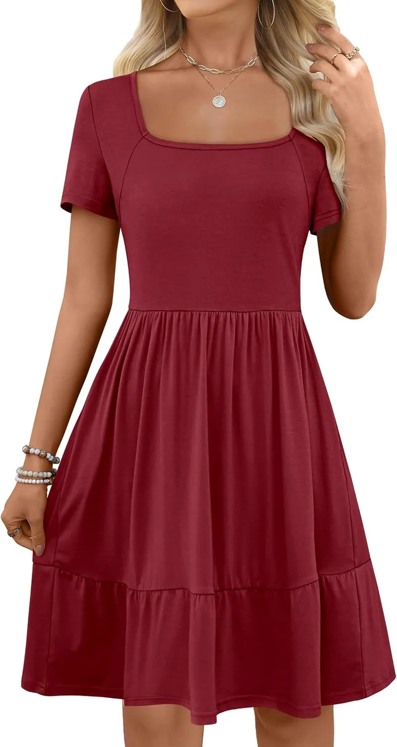 ANRABESS Womens Summer Casual Dresses Short Sleeve Square Neck Babydoll Dress 2025 Vacation A-Line Beach Cute Short Sundress