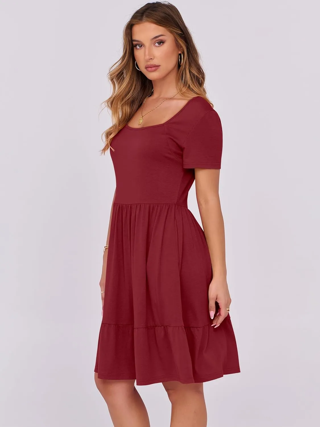ANRABESS Womens Summer Casual Dresses Short Sleeve Square Neck Babydoll Dress 2025 Vacation A-Line Beach Cute Short Sundress