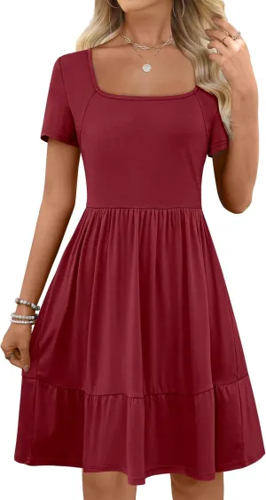 ANRABESS Womens Summer Casual Dresses Short Sleeve Square Neck Babydoll Dress 2025 Vacation A-Line Beach Cute Short Sundress