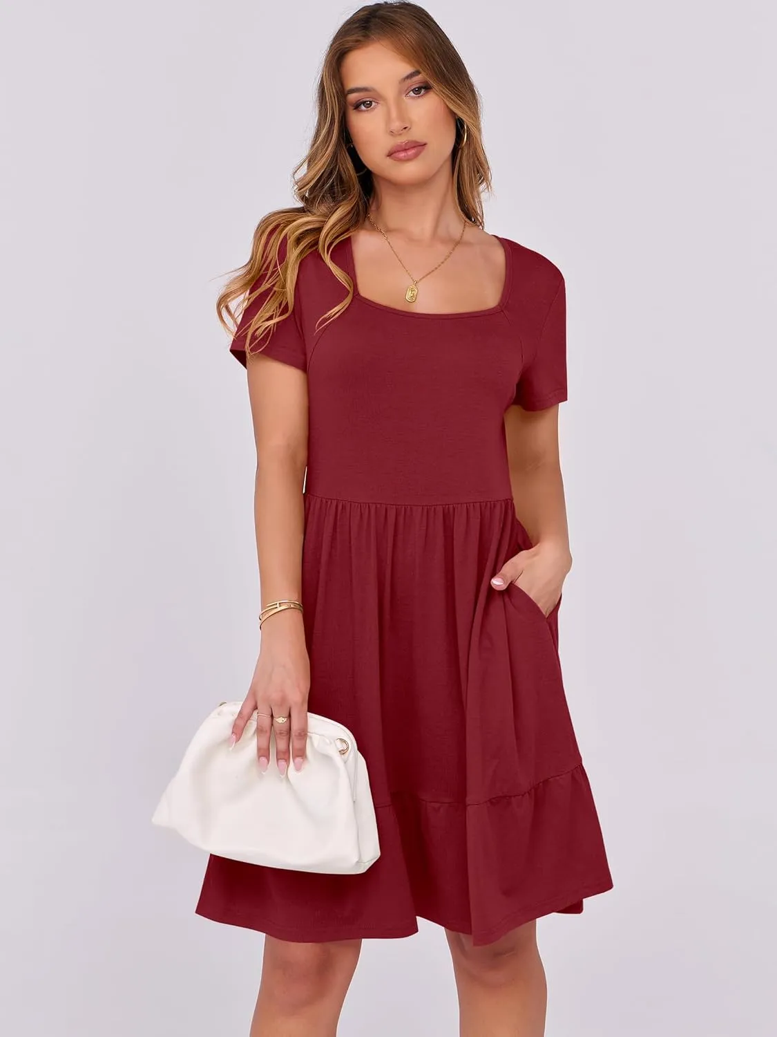 ANRABESS Womens Summer Casual Dresses Short Sleeve Square Neck Babydoll Dress 2025 Vacation A-Line Beach Cute Short Sundress