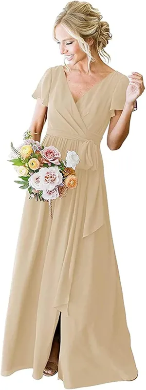 Aoruisen Long Bridesmaid Dresses with Sleeves V Neck Slit Chiffon Formal Party Evening Gown with Pockets