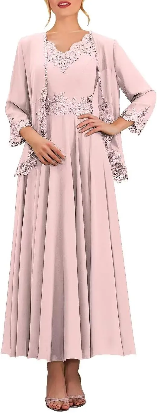 Beaded 2 Piece Tea Length Mother of The Bride Dresses for Wedding with Jacket 3/4 Sleeve Lace Formal Evening Gown