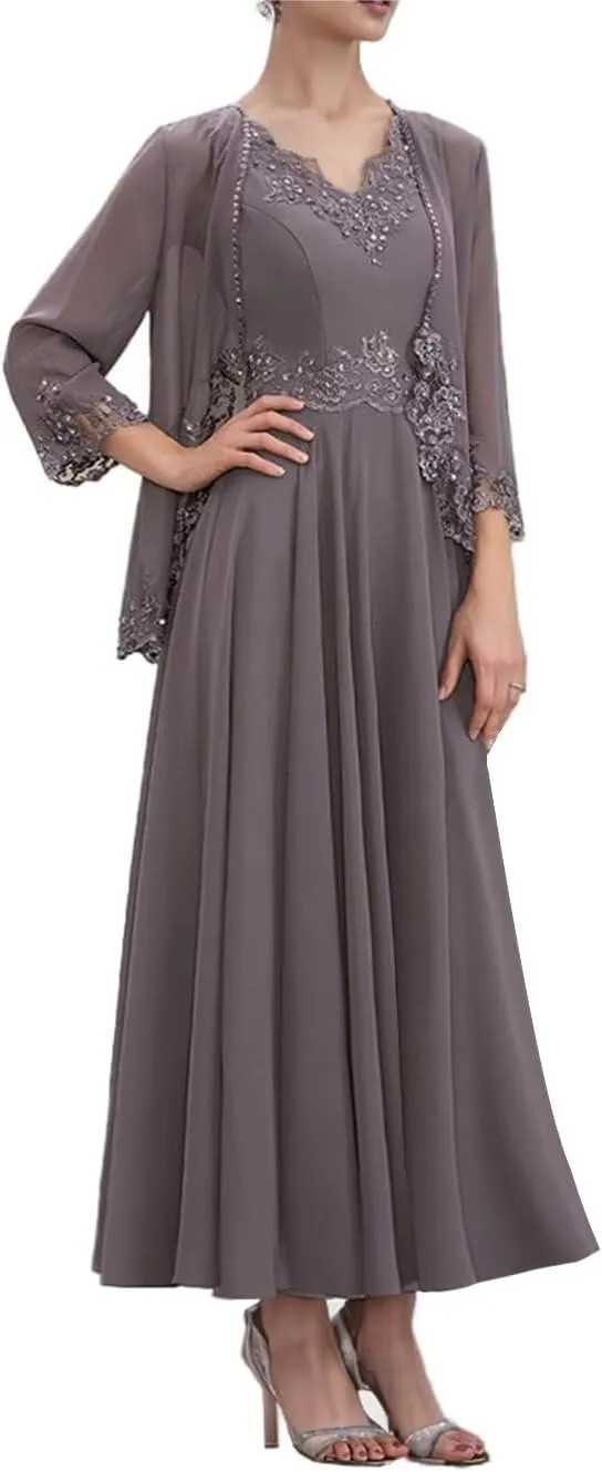 Beaded 2 Piece Tea Length Mother of The Bride Dresses for Wedding with Jacket 3/4 Sleeve Lace Formal Evening Gown