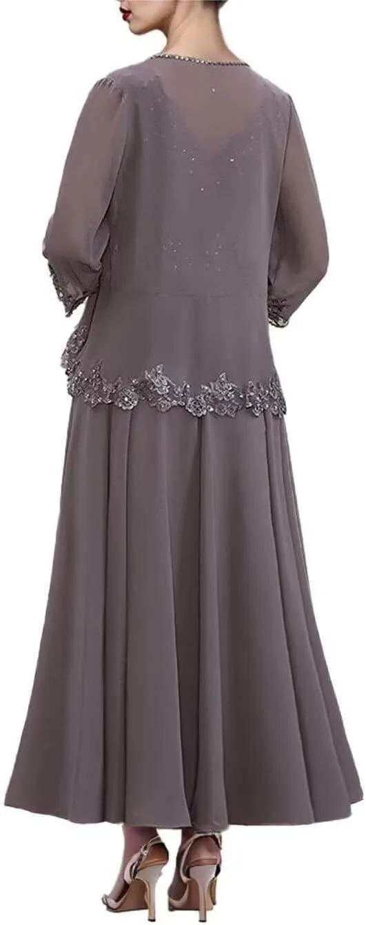 Beaded 2 Piece Tea Length Mother of The Bride Dresses for Wedding with Jacket 3/4 Sleeve Lace Formal Evening Gown