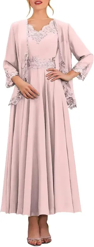 Beaded 2 Piece Tea Length Mother of The Bride Dresses for Wedding with Jacket 3/4 Sleeve Lace Formal Evening Gown