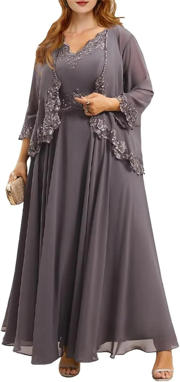 Beaded 2 Piece Tea Length Mother of The Bride Dresses for Wedding with Jacket 3/4 Sleeve Lace Formal Evening Gown