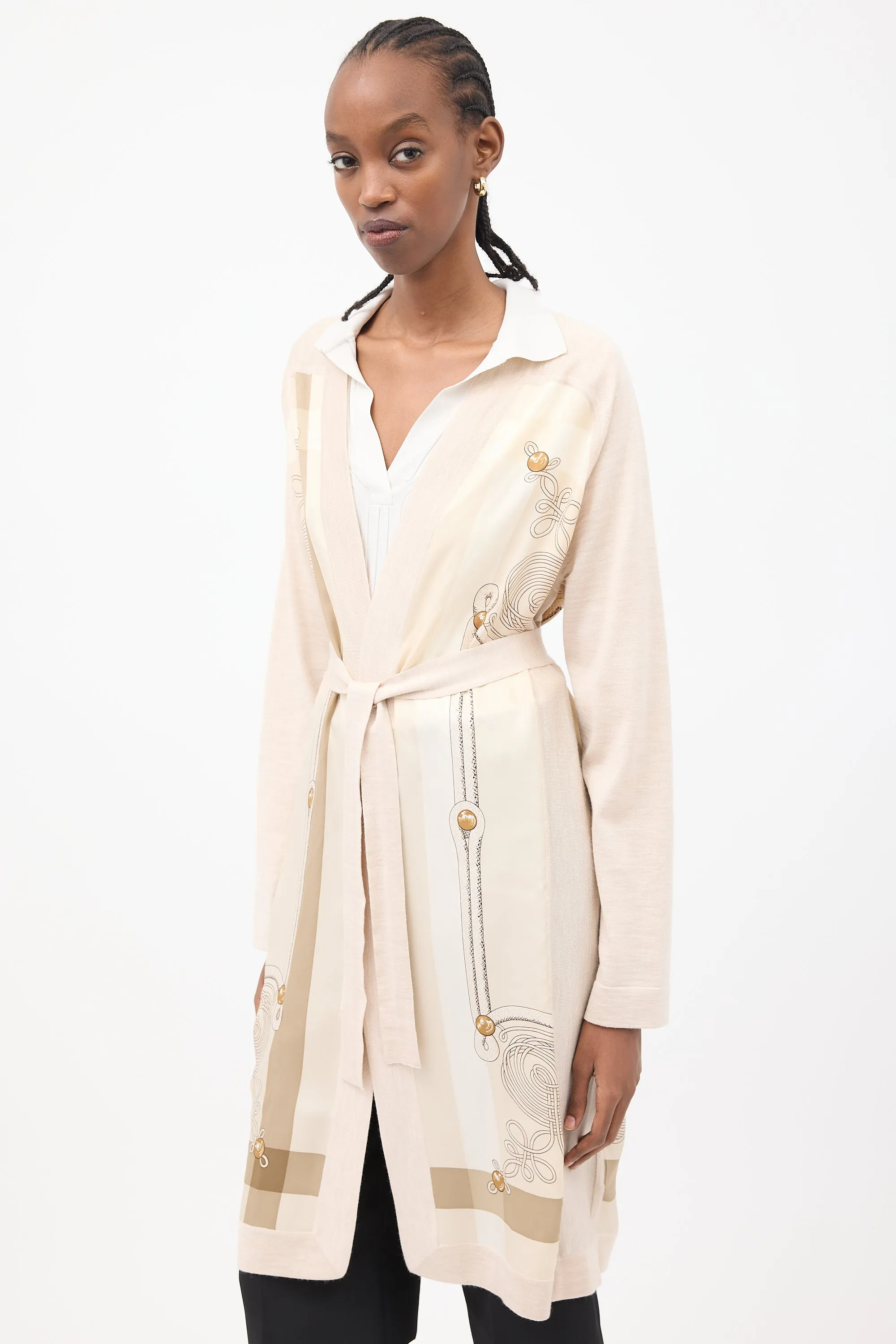 Beige Cashmere & Silk Brandebourgs Twillaine Belted Cardigan