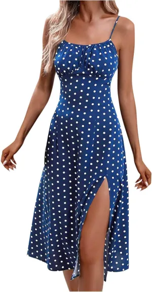 Borniu Spaghetti Strap Dresses for Women Polka Dot Midi Dress Sleeveless Slit Summer Sundress Beach Vacation Sexy Outfits