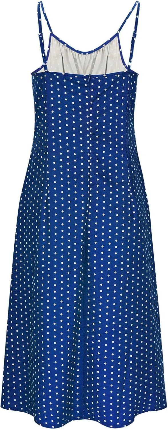 Borniu Spaghetti Strap Dresses for Women Polka Dot Midi Dress Sleeveless Slit Summer Sundress Beach Vacation Sexy Outfits