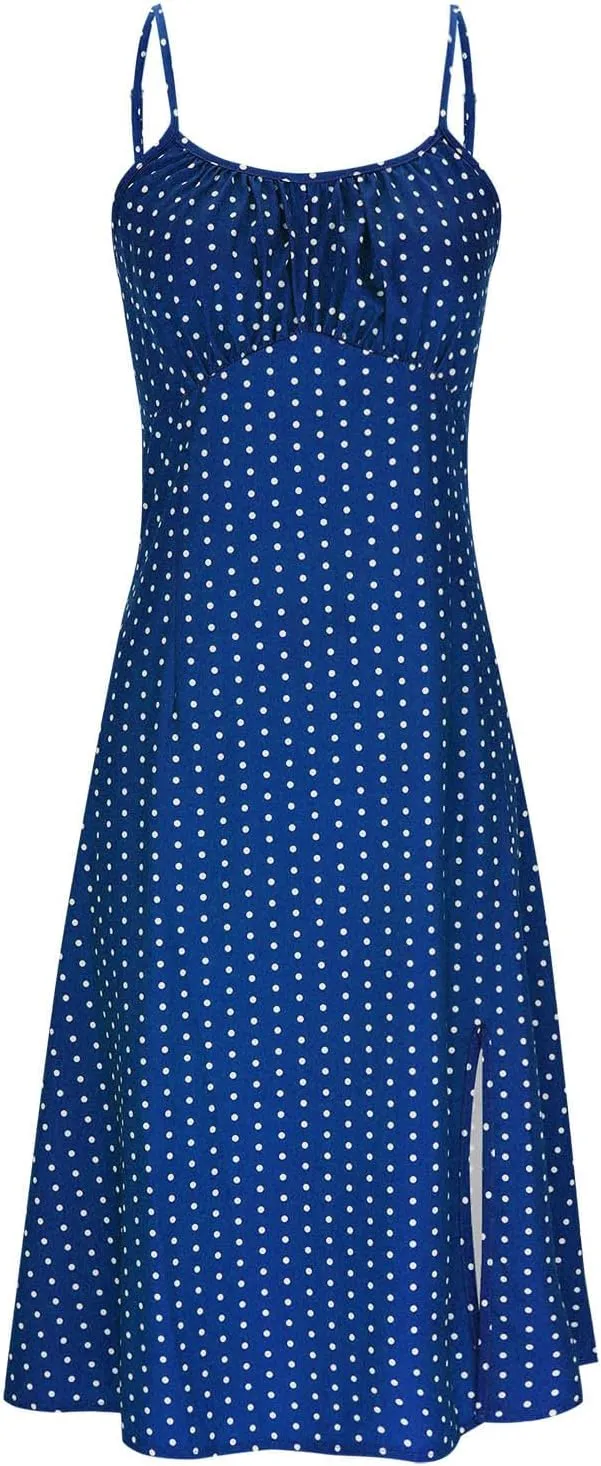 Borniu Spaghetti Strap Dresses for Women Polka Dot Midi Dress Sleeveless Slit Summer Sundress Beach Vacation Sexy Outfits