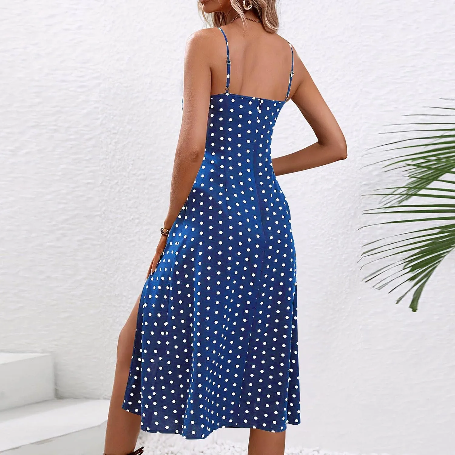 Borniu Spaghetti Strap Dresses for Women Polka Dot Midi Dress Sleeveless Slit Summer Sundress Beach Vacation Sexy Outfits
