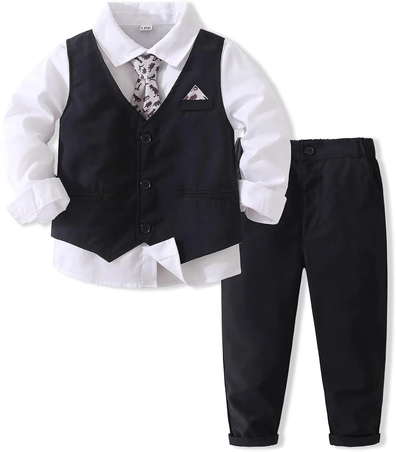 Boys Gentleman Suits Toddler Kids Wedding Outfit Clothes 4 Pieces Dress Shirt & Pants & Vest Set with Bowtie, 2-8 Years