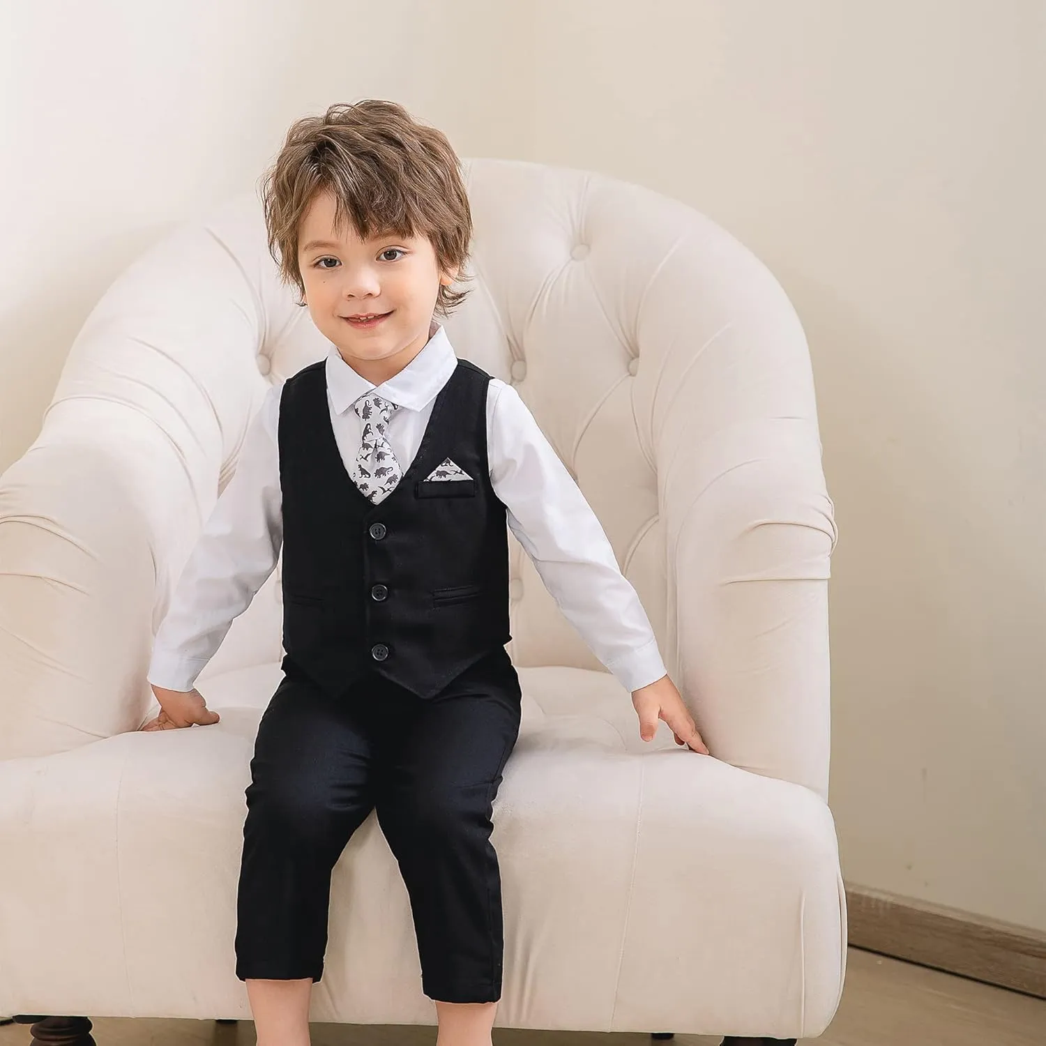 Boys Gentleman Suits Toddler Kids Wedding Outfit Clothes 4 Pieces Dress Shirt & Pants & Vest Set with Bowtie, 2-8 Years