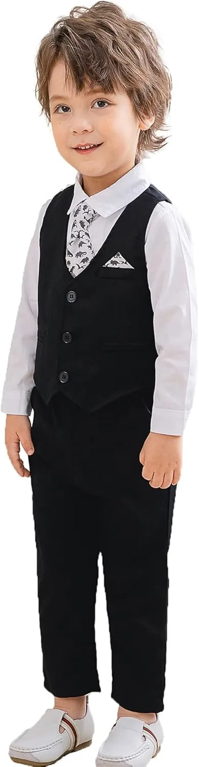 Boys Gentleman Suits Toddler Kids Wedding Outfit Clothes 4 Pieces Dress Shirt & Pants & Vest Set with Bowtie, 2-8 Years