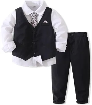 Boys Gentleman Suits Toddler Kids Wedding Outfit Clothes 4 Pieces Dress Shirt & Pants & Vest Set with Bowtie, 2-8 Years
