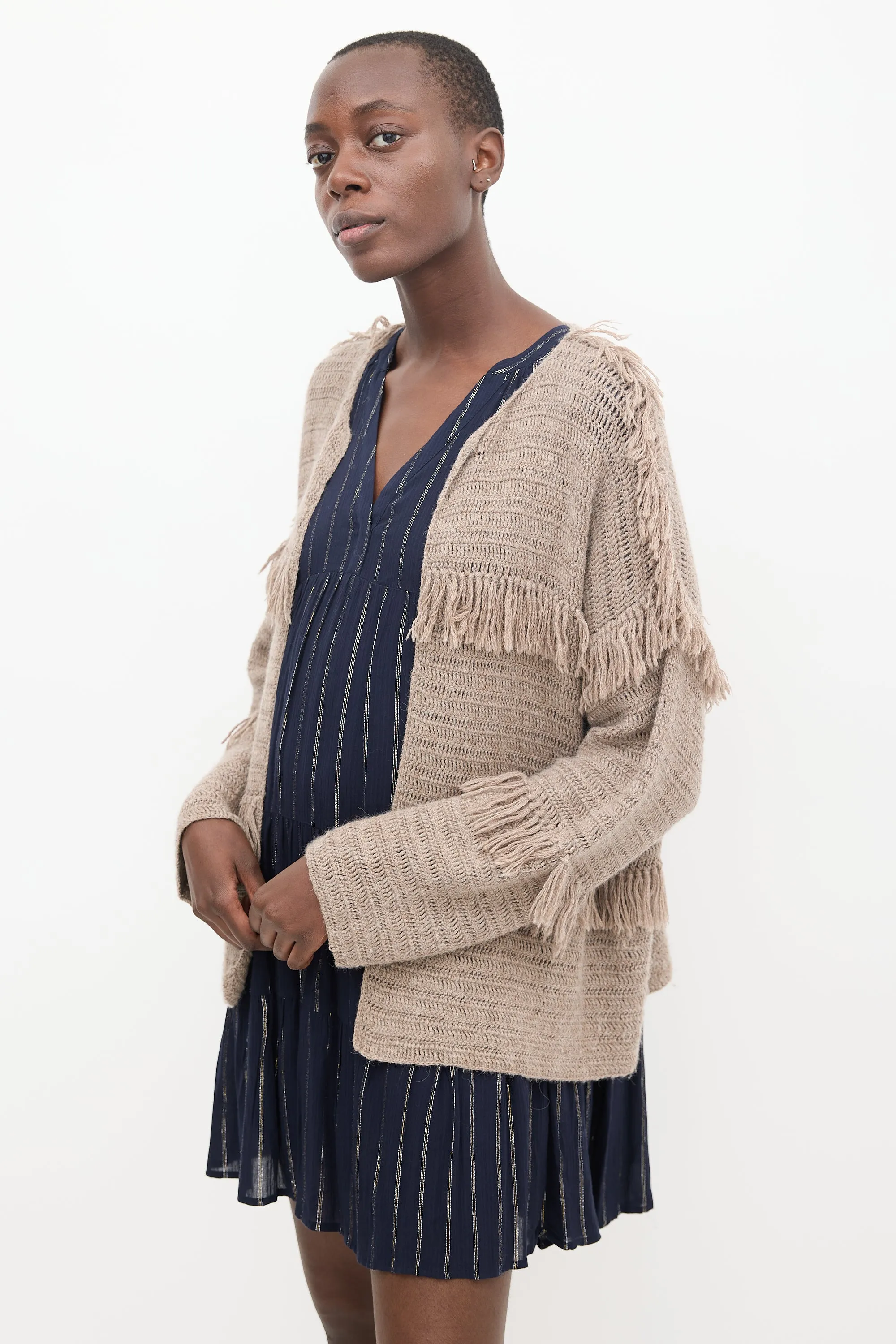 Brown Wool Knit Fringe Cardigan