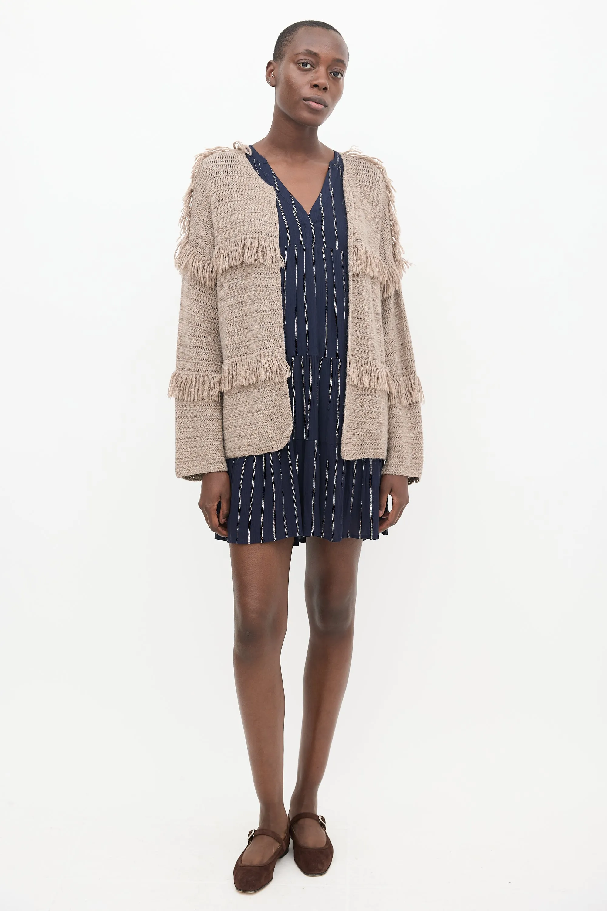 Brown Wool Knit Fringe Cardigan