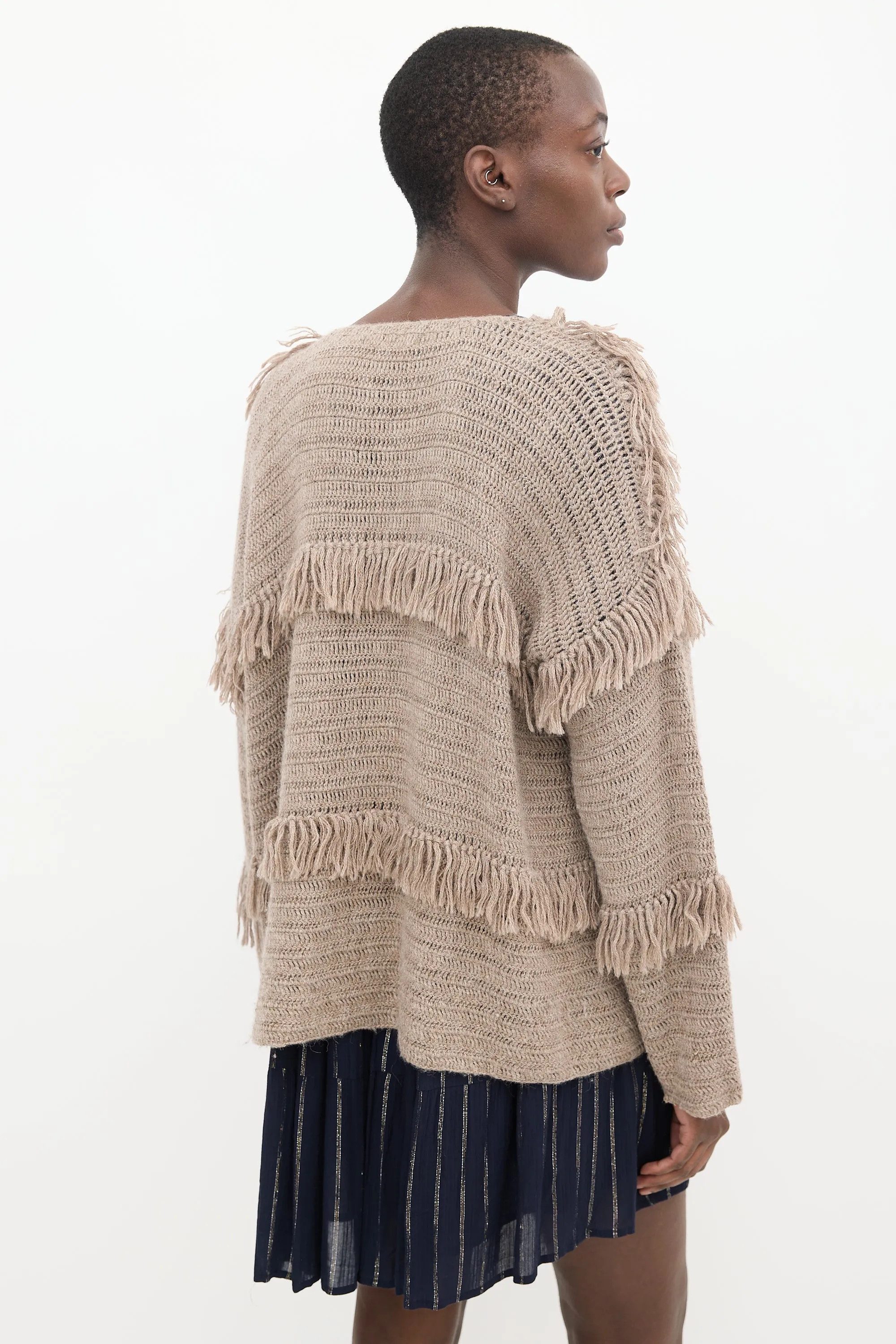 Brown Wool Knit Fringe Cardigan