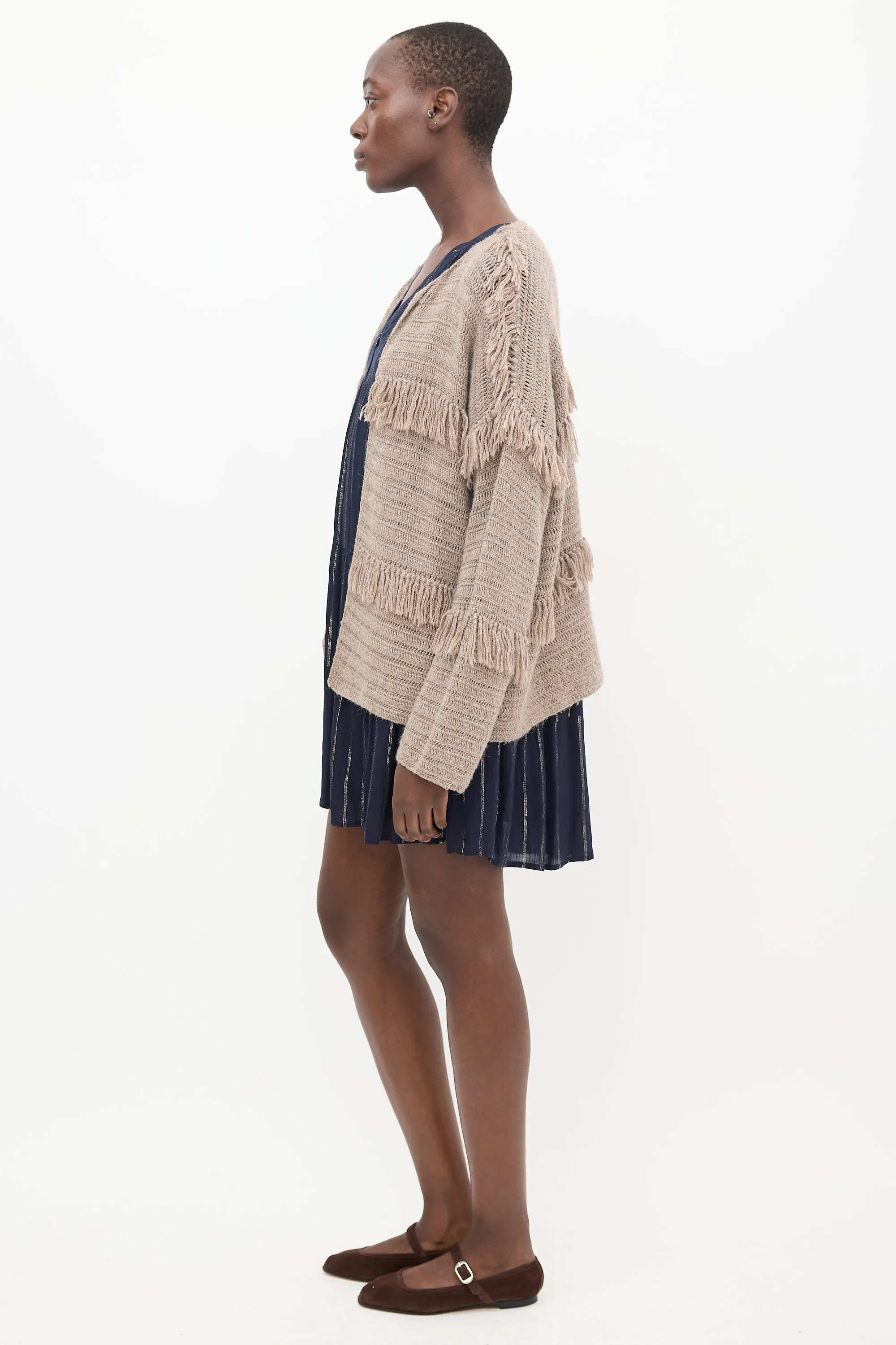 Brown Wool Knit Fringe Cardigan