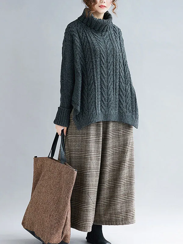 Cable- Knit High-neck Solid Loose Sweater