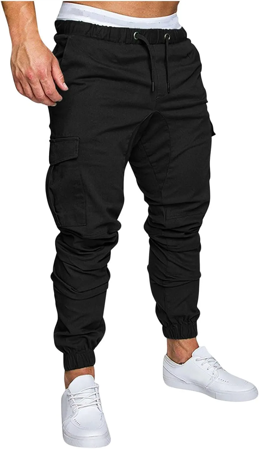 Cargo Pants for Men Regular Fit Drawstring Slacks Tapered Cotton Elastic Waist Multi Pockets Solid Sweatpants