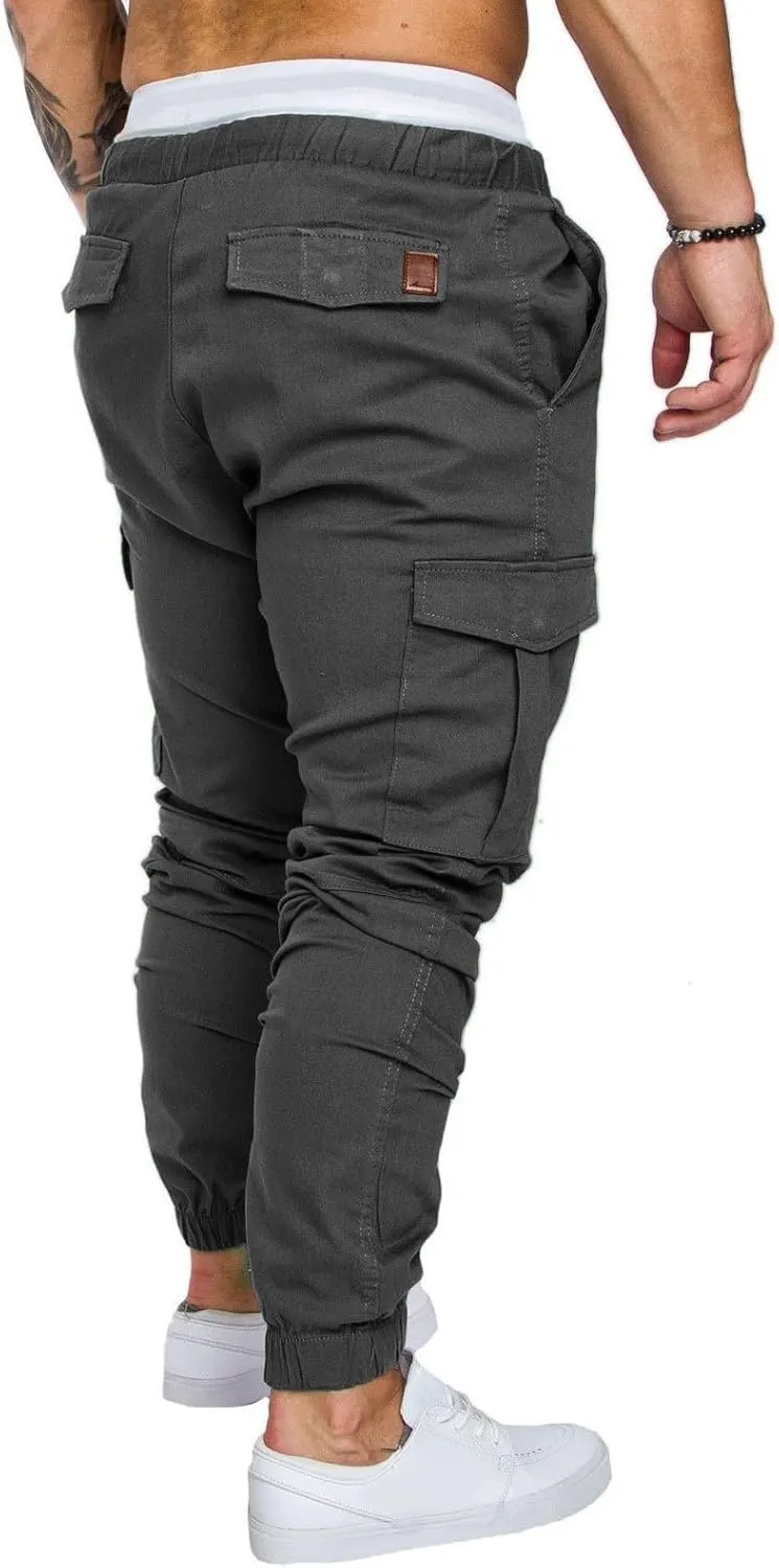 Cargo Pants for Men Regular Fit Drawstring Slacks Tapered Cotton Elastic Waist Multi Pockets Solid Sweatpants