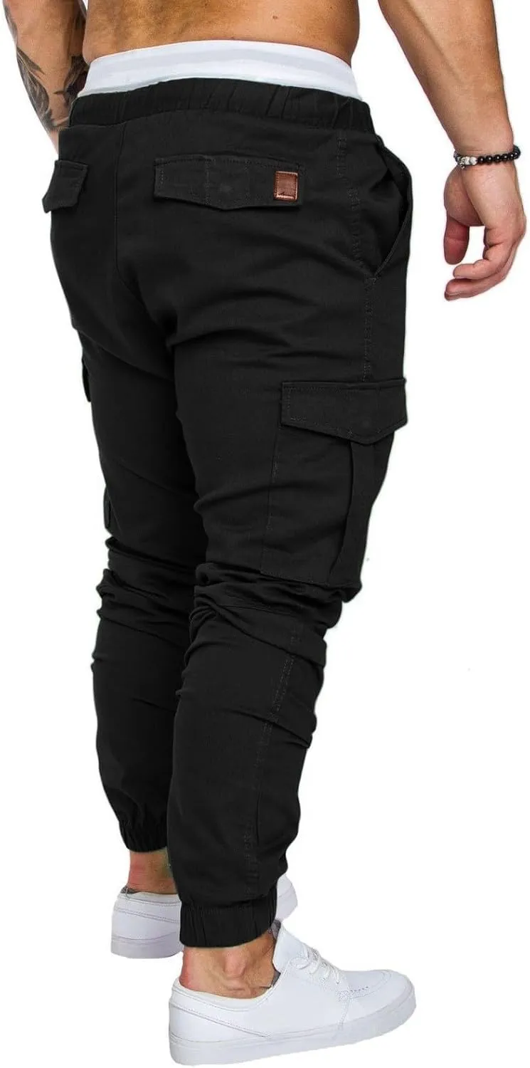 Cargo Pants for Men Regular Fit Drawstring Slacks Tapered Cotton Elastic Waist Multi Pockets Solid Sweatpants